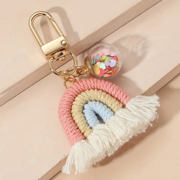 🌈 Rainbow Braided Hearts Boho Purse Handbag Key Fob Charm Bling Backpack - Picture 2 of 6